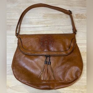 Sam & Hadley Brown Zippered Purse Embossed Floral Design Tassels Hippie Boho